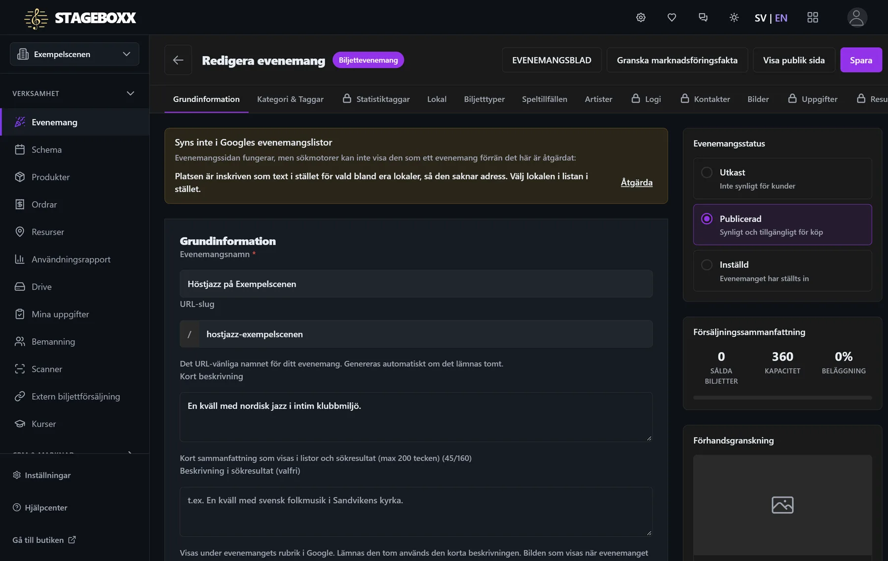 Evenemangsredigerare — Skapa ett nytt evenemang med grundläggande information, beskrivning och bilder