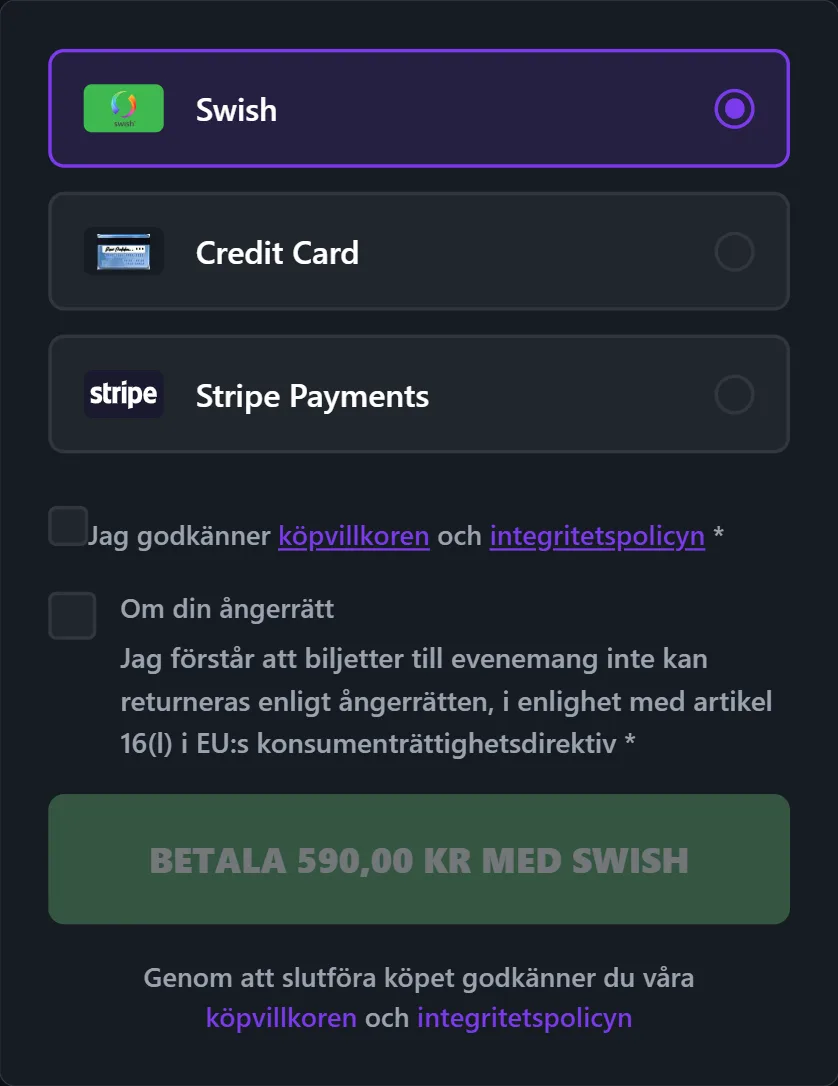 Betalningssteget — välj Swish eller kort, godkänn villkoren och betala