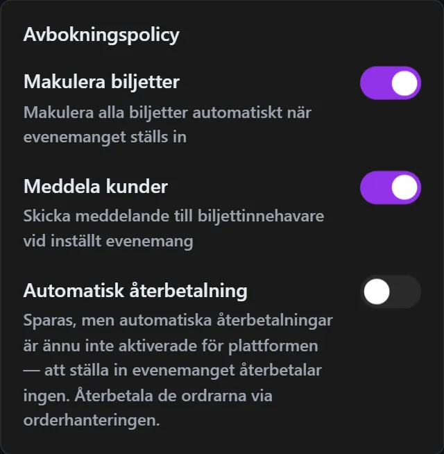 Evenemangets egen avbokningspolicy