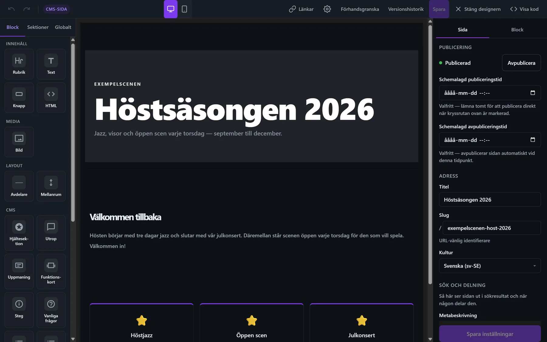Designern, med sidan som besökarna ser den till höger