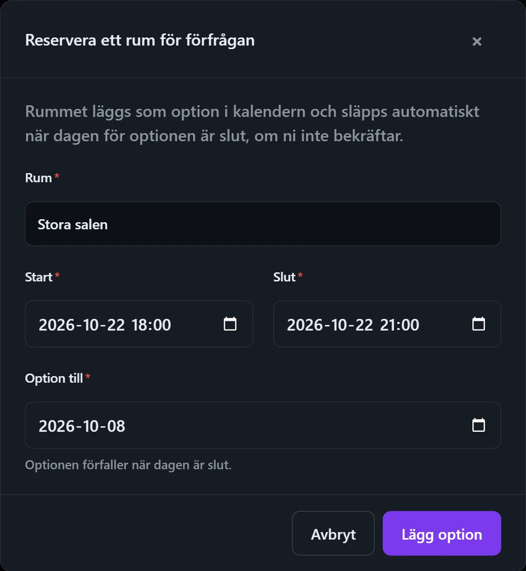 Lägga en option på ett rum för en förfrågan