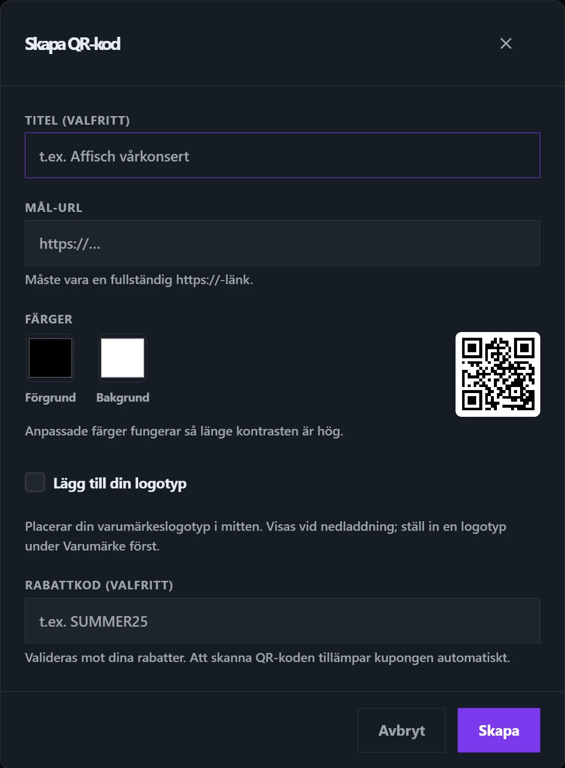 En ny QR-kod — vart den leder, färger och logotyp, och en valfri rabattkod