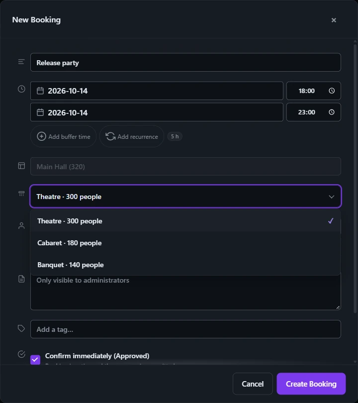New booking with the Layout field open