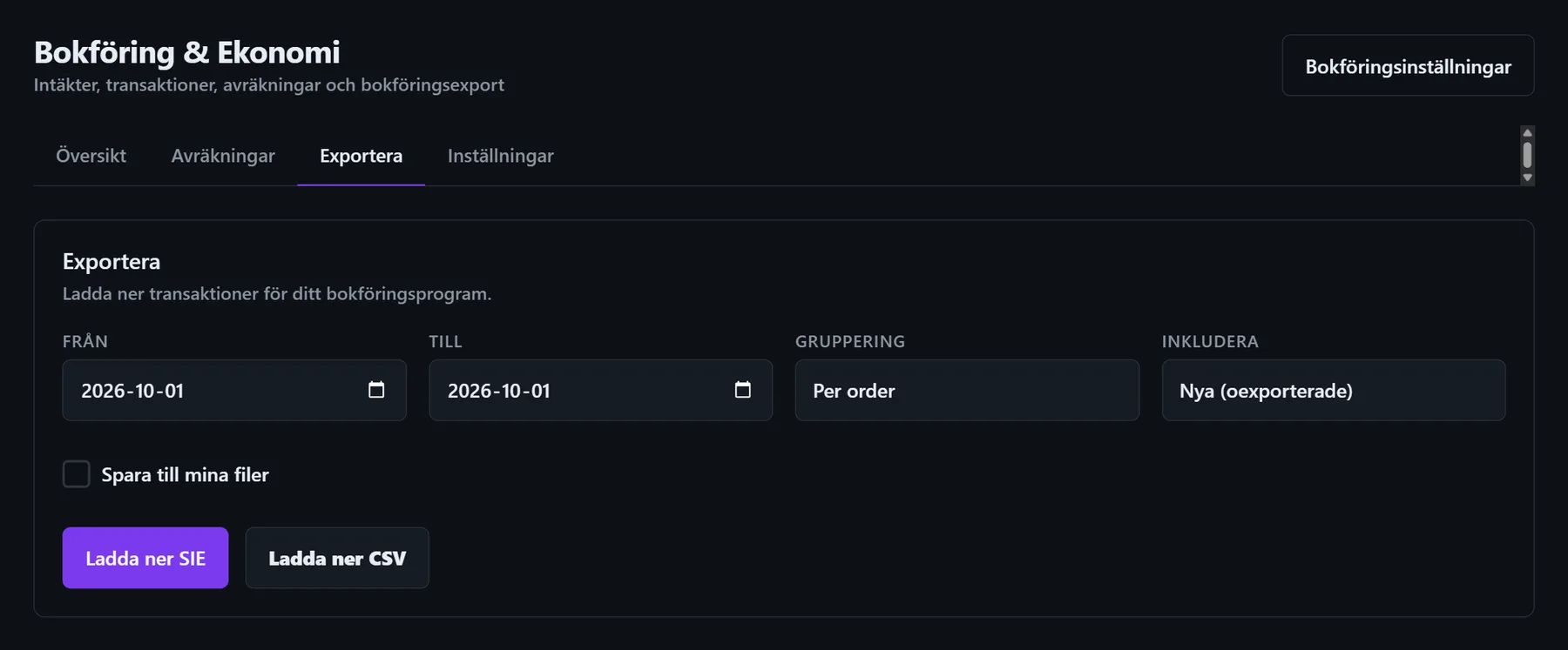 Exportera en period som SIE- eller CSV-fil till ert bokföringsprogram