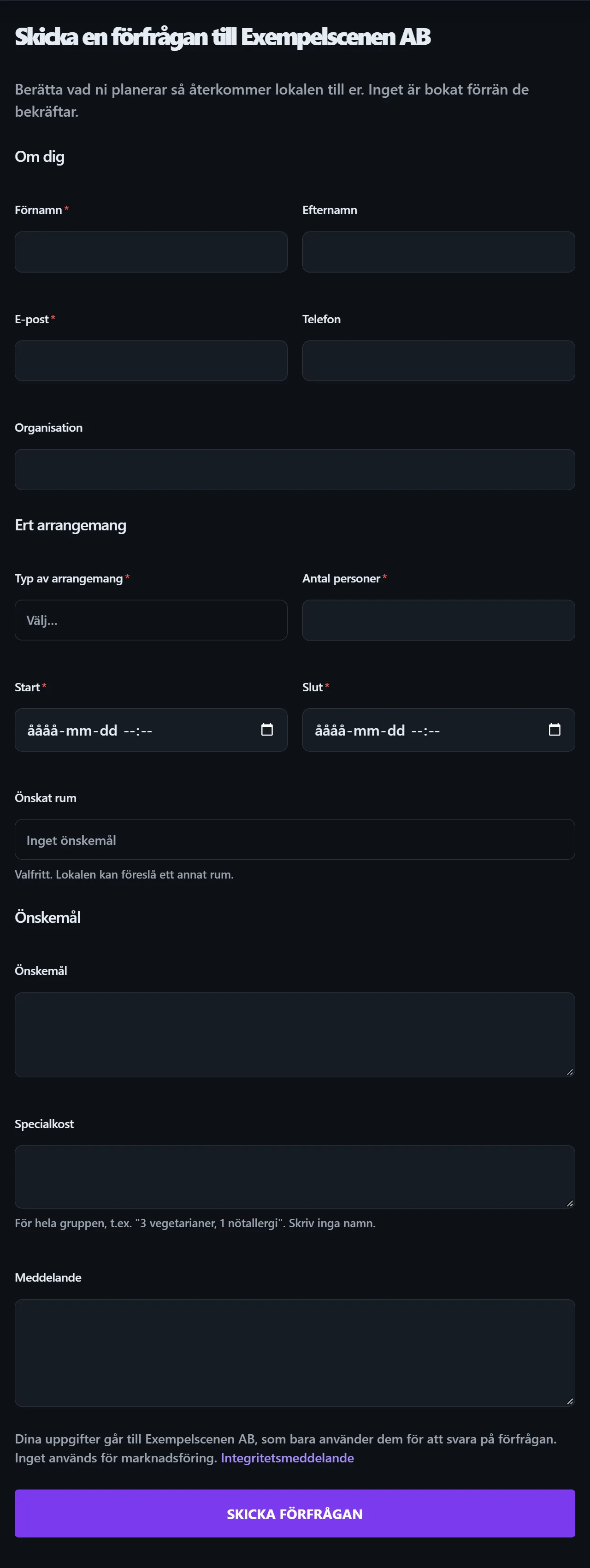 Den publika förfrågningssidan som en lokal kan länka till