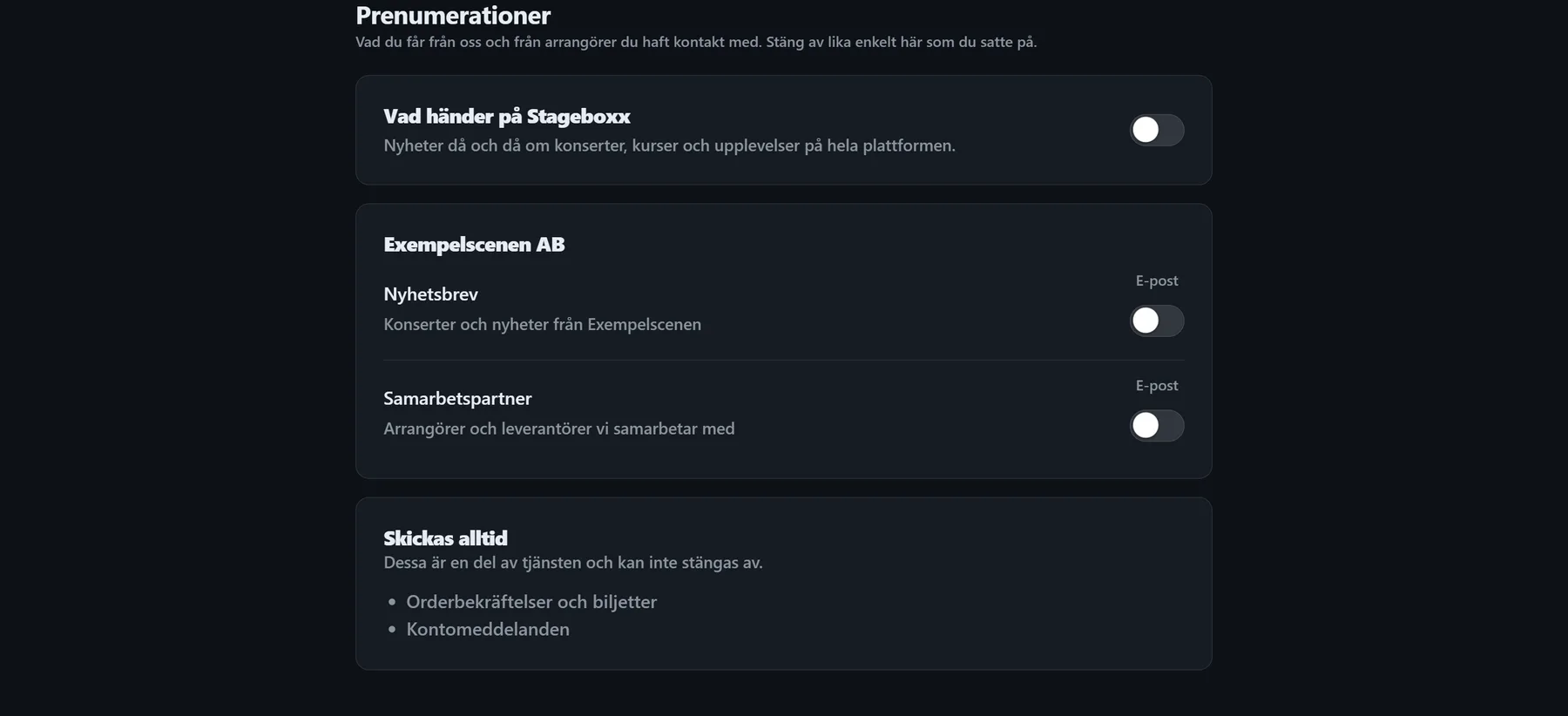 Prenumerationer — vad en person får från Stageboxx och från varje arrangör, och vad som alltid skickas