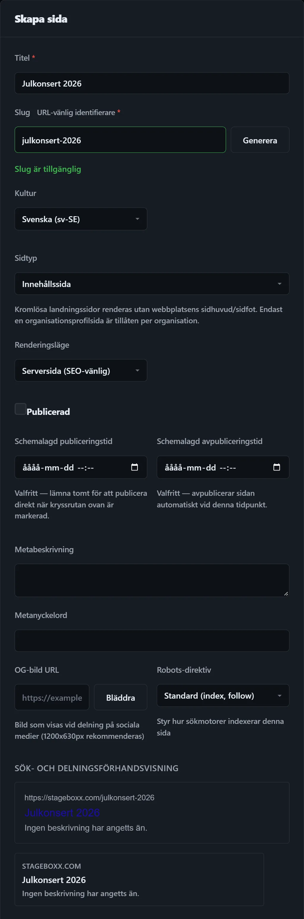 En ny sida — titel, adress, sidtyp, publicering och sökförhandsvisningen
