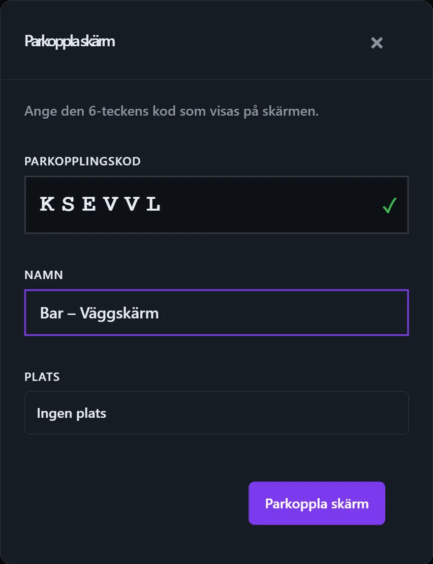 Parkoppla skärm — koden från skärmen, ett namn och en plats